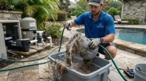 Preventing filter clogging with a robotic pool cleaner for pets with hair in the pool.
