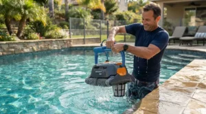 Routine maintenance of a robotic pool cleaner for pets with hair in the pool by the pool deck.